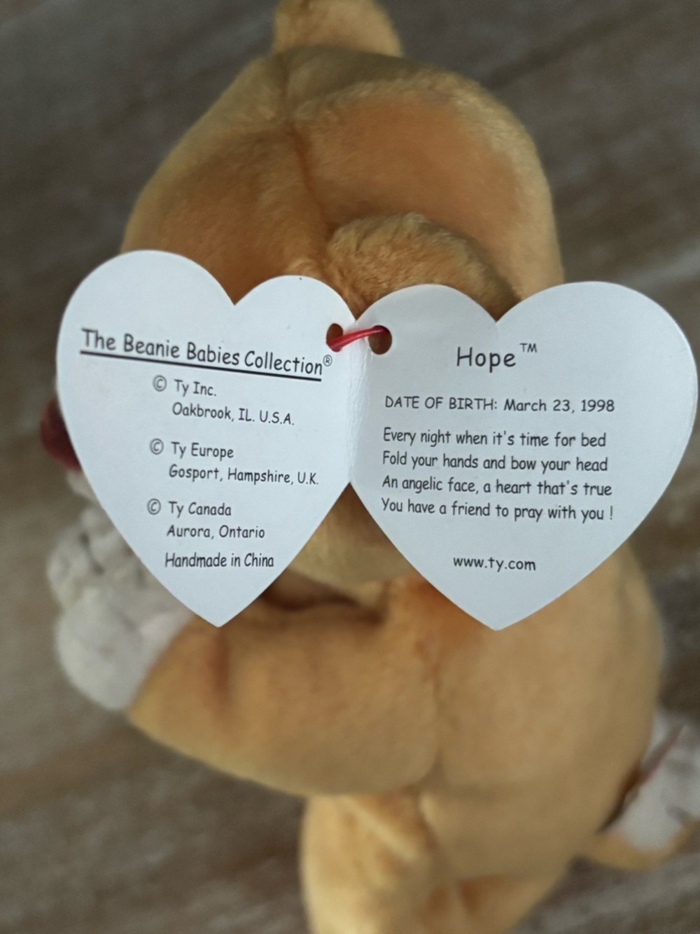 Ty Tan and Cream Praying Bear “Hope”Beanie Baby Plush rare with errors - Picture 3 of 6